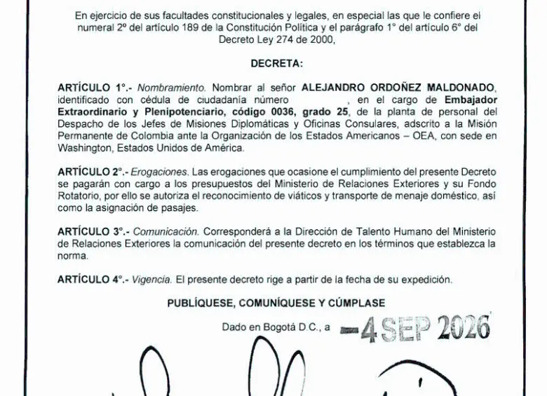 El Decreto 1365 del 4 de septiembre de 2026 oficializó el nombramiento de Alejandro Ordóñez como embajador de Colombia ante la OEA. Foto: Ministerio de Relaciones Exteriores