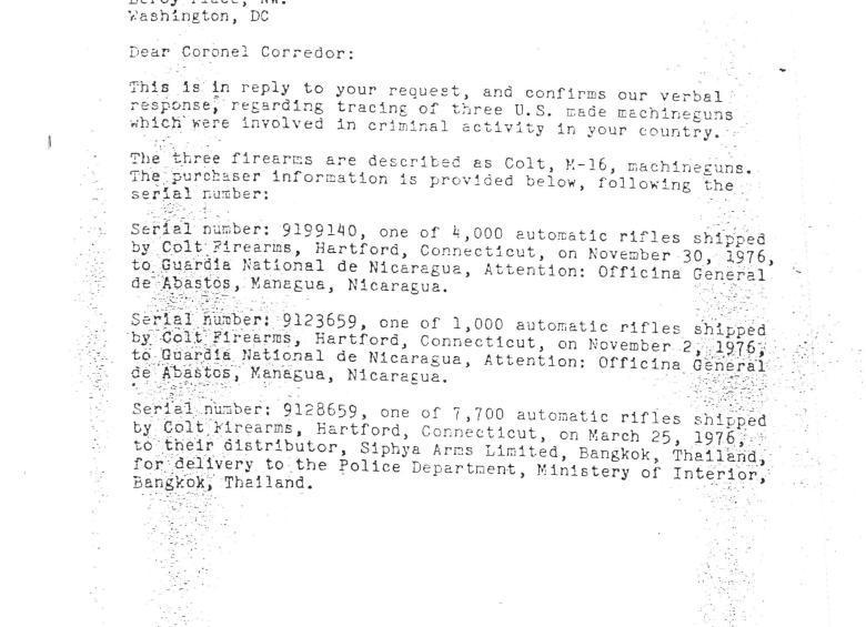 Hoja uno del documento del Departamento del Tesoro de Estados Unidos sobre armamento procedente de Nicaragua en los hechos del Palacio de Justicia. Archivo obtenido por EL COLOMBIANO.