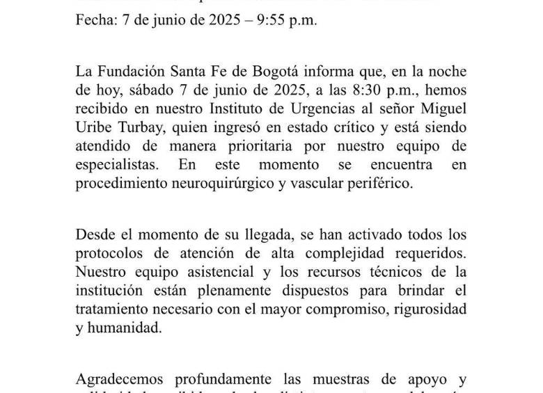 <b>URGENTE:</b> Clínica Santa Fe ya emitió un comunicado sobre la salud de <b>Miguel Uribe: “Ingresó en estado crítico”</b>