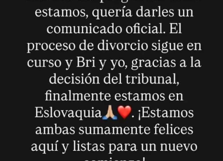 Comunicado de Bronislava Gregušová, vía Instagram. FOTO: bronigregus, Instagram.