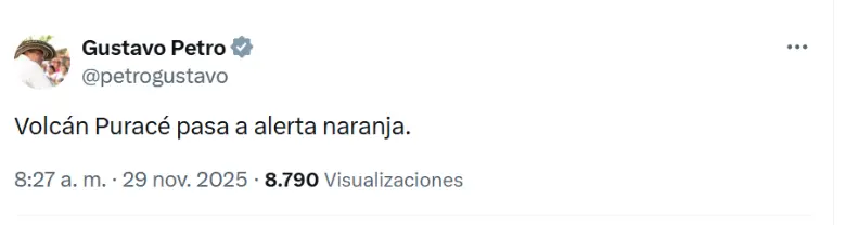 Volcán Puracé pasa a alerta naranja tras aumento de actividad volcánica y caída de ceniza