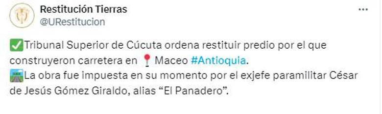 Ordenan restituir predio a familia que fue obligada por paramilitares a dejar construir una vía en Maceo, Antioquia