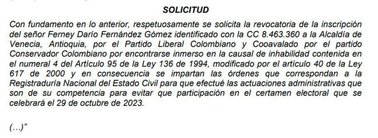Esta es la solicitud que está en curso ante el CNE sobre la candidatura de Ferney Darío Fernández Gómez.