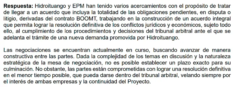 Extracto de las respuestas de EPM al Concejo de Medellín, cuya sesión de control político se realizó el miércoles 16 de julio.