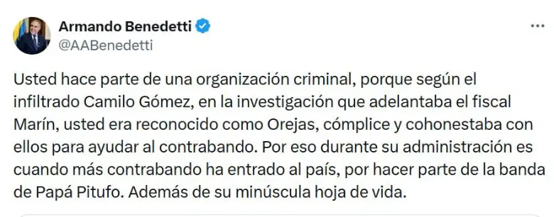 “Tenga la decencia de renunciar”: exministro Reyes pelea con Benedetti y anuncia que lo demandará penalmente