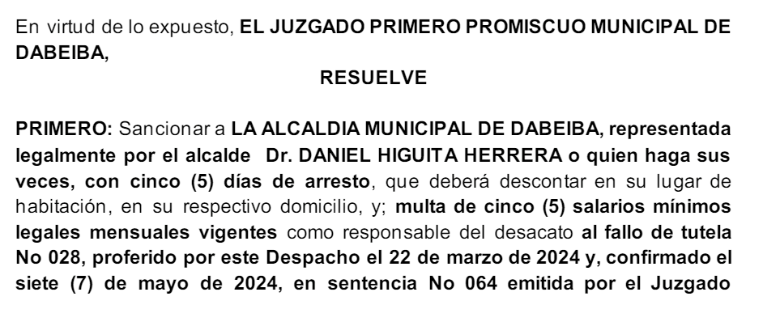 Imponen 5 días de arresto a alcalde de Dabeiba por desacato a tutela que le ordenaba posesionar a gobernador indígena