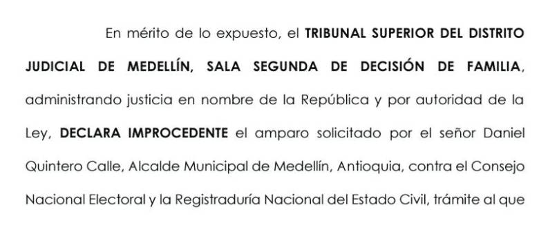 Tribunal de Medellín declara improcedente tutela de Daniel Quintero