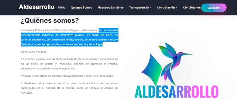 Imagen de la definición social de Aldesarrollo, empresa con la que contrató la ARN el tema de logística. Foto: Tomada de su Portal Web.