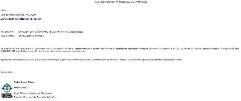 Correo de citación a Peláez por la Viceprocuraduría.