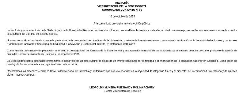 Evacuaron la Universidad Nacional de Bogotá por amenaza