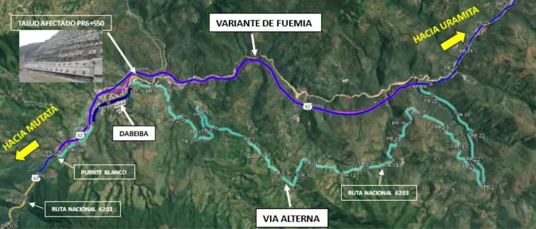 Autopistas Urabá advirtió que el tiempo de cierre podría variar dependiendo del desarrollo de las labores de revisión y de las condiciones que sean encontradas en el talud.