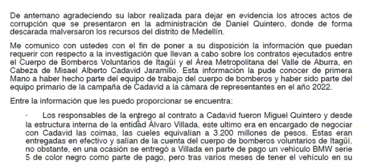 Miguel Quintero estaría detrás del caso de corrupción entre el Área Metropolitana y los bomberos de Itagüí