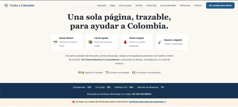 La página Cuidar a Colombia, para ayudar en el terremoto, dice su creador, no tiene un equipo contratado ni presupuesto ni patrocinador: está montada sobre servicios gratuitos y el código es abierto. Foto: Cortesía.