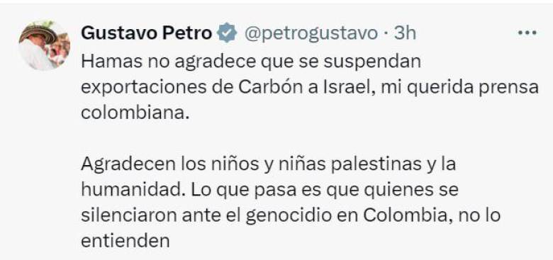 Hamás agradeció a Gustavo Petro por suspender exportación de carbón a Israel y esto dijo el presidente