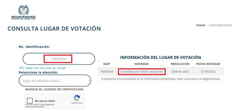 La consulta del lugar de votación en la Registraduría también certifica que la cédula de Gustavo Adolfo Pérez Peña fue cancelada por doble cedulación. FOTO: EXTRACTO DE DOCUMENTO.