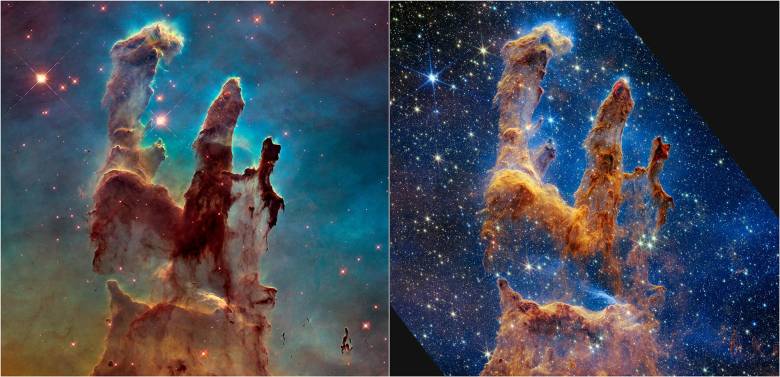 A la izquierda, “Los pilares de la creación” capturado por el Hubble en 2014, a la derecha, la del James Webb en 2022. 