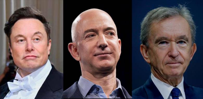 De izquierda a derecha: Elon Musk, Jeff Bezos y Bernard Arnault los ricos que más dinero han perdido en los últimos meses. FOTO EL COLOMBIANO
