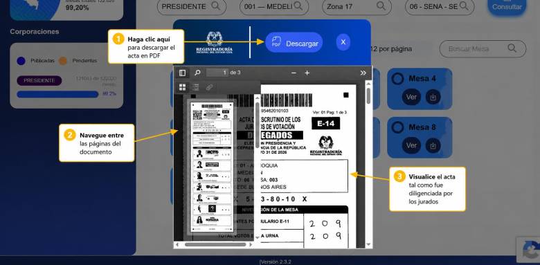 Captura de pantalla editada con fines pedagógicos para explicar el paso a paso de la consulta de las actas E-14 en la plataforma de la Registraduría. 