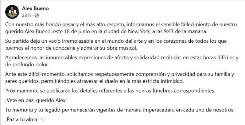 Murió el cantante Alex Bueno, intérprete de éxitos como<i> Jardín prohibido </i>y<i> Qué cara más bonita</i>
