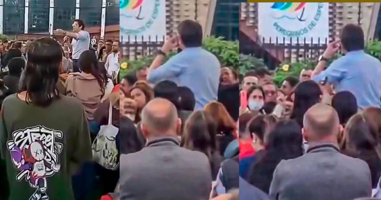 Una secuencia de video muestra al sicario (camiseta verde) observando al senador Miguel Uribe, y acercándose para dispararle por la espalda. FOTOs TOMADAS DE VIDEO