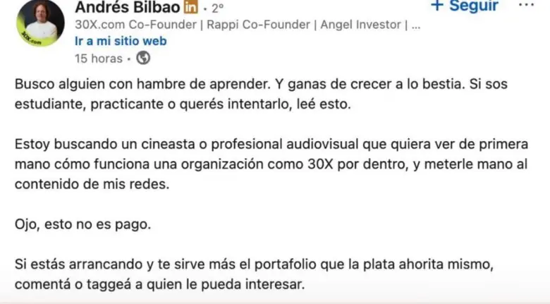 Post de Andrés Bilbao. FOTO: Captura de pantalla.