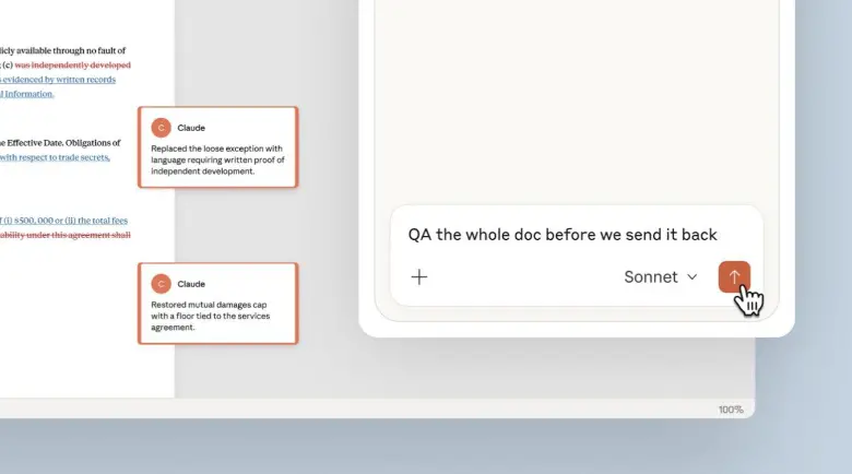 Los usuarios pueden hacerle preguntas a Claude sobre secciones específicas del documento, pedirle que edite un fragmento seleccionado o que complete una plantilla. FOTO Anthropic