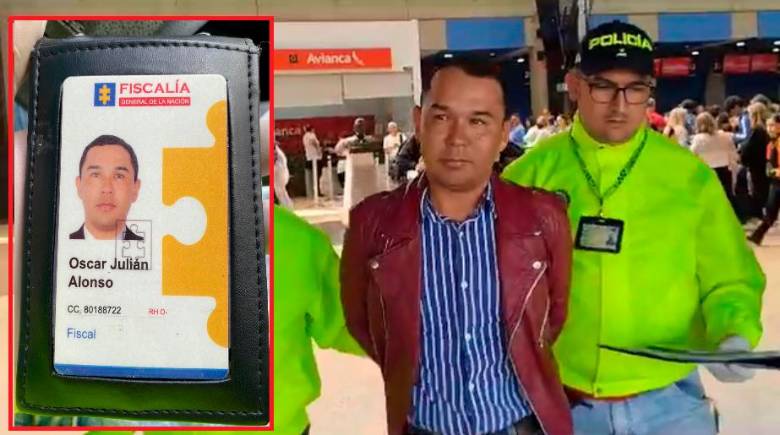 Así fue la captura de “el Fiscal” en el aeropuerto de Rionegro. En el recuadro, el carné falso con el cual se identificaba. FOTOS: CORTESÍA.