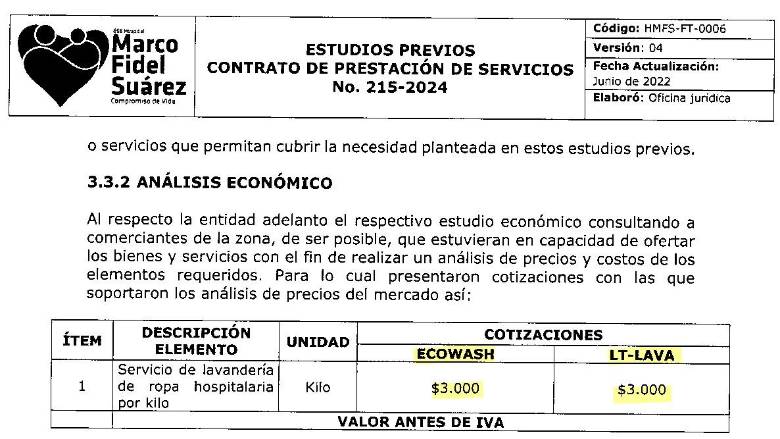 Empate de ofertas para el contrato 215 de 2024. FOTO: Cortesía.