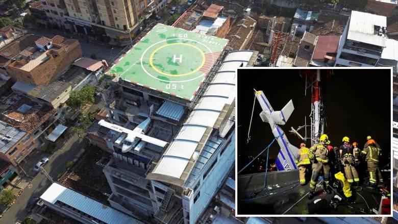 El helicóptero se precipitó a tierra poco después de despegar desde ese helipuerto y se enredó en una antena y en parte del edificio. Todos los ocupantes fueron rescatados. FOTOS Manuel Saldarriaga y Cortesía