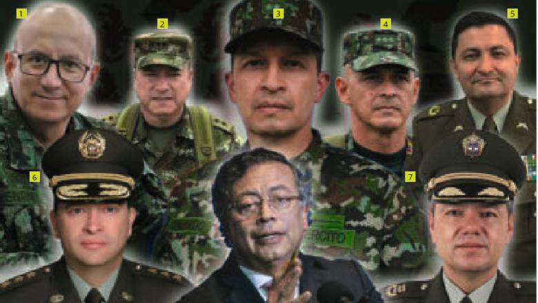 Arriba, de izquierda a derecha: general (r) Jorge Hernández (1), general (r) Óscar Murillo (2), general (r) Juan Carlos Fajardo (3), general (r) Erick Rodríguez (4) y coronel (r) Jorge Mora (5). Abajo: general (r) Carlos Triana (6), el presidente Petro y general (r) Edwin Urrego (7). FOTOS EL COLOMBIANO