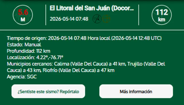 ¿Lo sintió? Temblor de magnitud 5.6 sacudió a Antioquia y el Pacífico este jueves