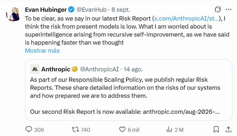 Evan Hubinger sobre el Informe de Riesgos de Anthropic. Foto: tomada de X @EvanHub