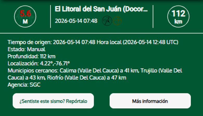 ¿Lo sintió? Temblor de magnitud 5.6 sacudió a Antioquia y el Pacífico este jueves