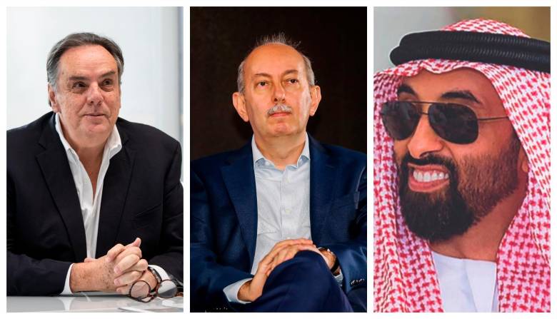 Jorge Mario Velásquez, presidente de Grupo Argos, y Carlos Ignacio Gallego, presidente de Nutresa, y Tahnoon bin Zayed, jeque árabe. FOTO: ARCHIVO.