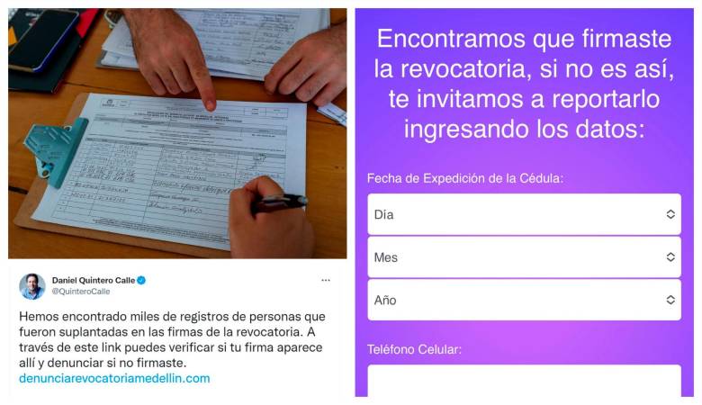 La página que promovió Quintero para verificar las firmas de la revocatoria pide datos personales. FOTO: EL COLOMBIANO Y CAPTURAS DE PANTALLA