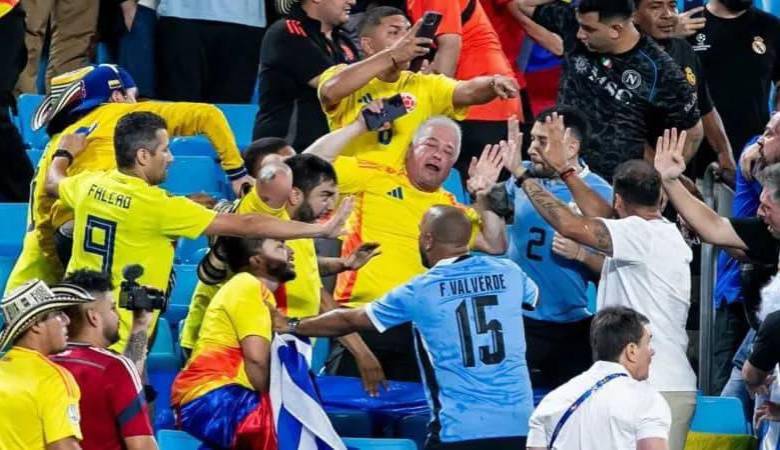 La Conmebol abrió investigación por la pelea entre los futbolistas de la selección uruguaya y fanáticos de la selección Colombia en las tribunas del Bank of America, en Estados Unidos. FOTO: GETTY