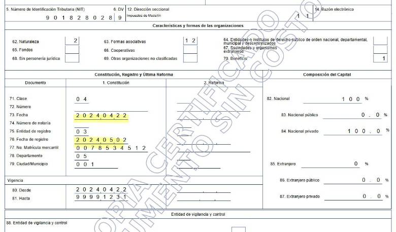Extracto del documento de la DIAN donde se detalla creación y registro de la empresa. FOTO: Cortesía