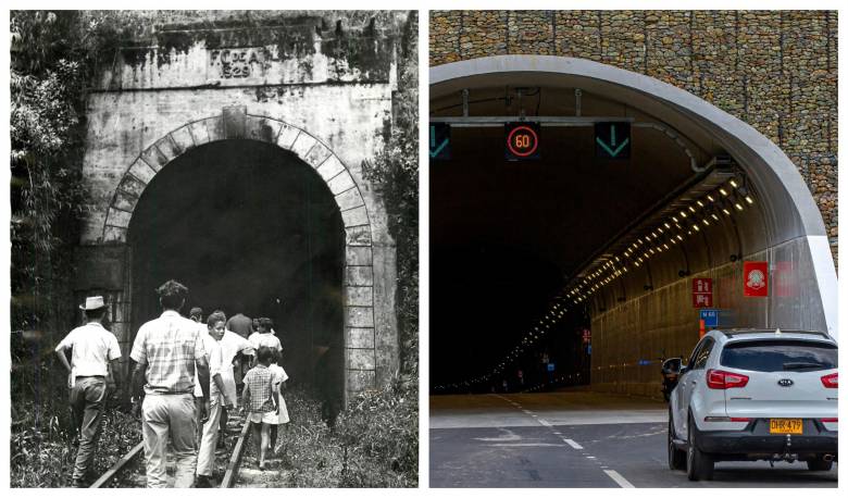 El primer túnel de La Quiebra, construido en 1929, antes y ahora. El nuevo túnel La Quiebra reduce de 40 a 8 minutos el recorrido entre los corregimientos de Santiago y El Limón. FOTOS: ARCHIVO Y JUAN ANTONIO SÁNCHEZ.