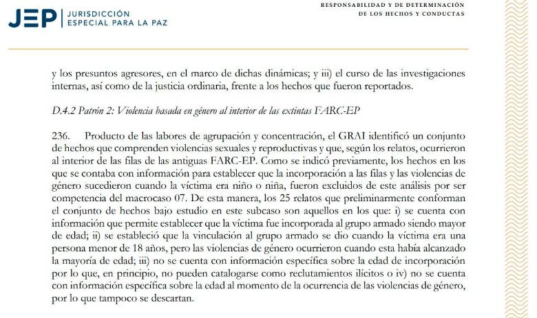 Apartado del auto de apertura en el patrón 2 del subcaso 03, que se refiere a violencia basada en género dentro de las filas de las Farc. 