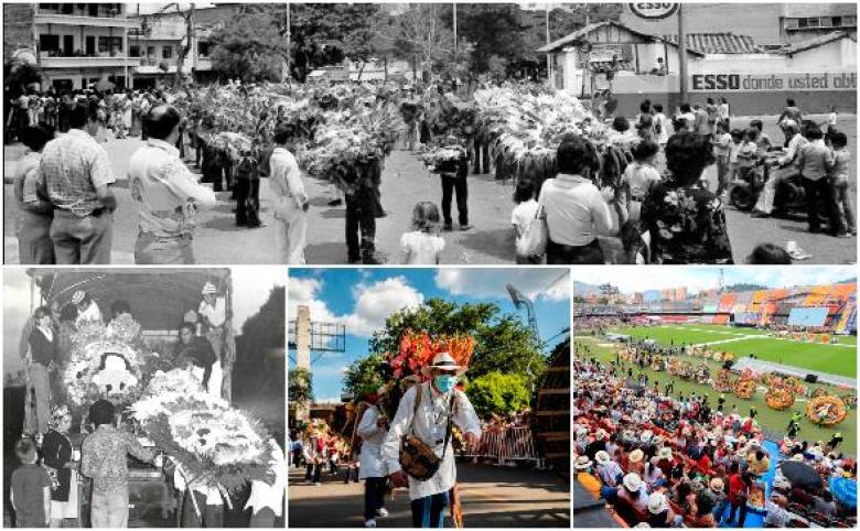 1) Desfile de 1957. 2) Transporte de silletas ese año, en camiones. 3) Recorrido 2021, en plena pandemia por el covid-19. 4) Por primera vez, solo se desfiló en el Atanasio Girardot. FOTOS el colombiano