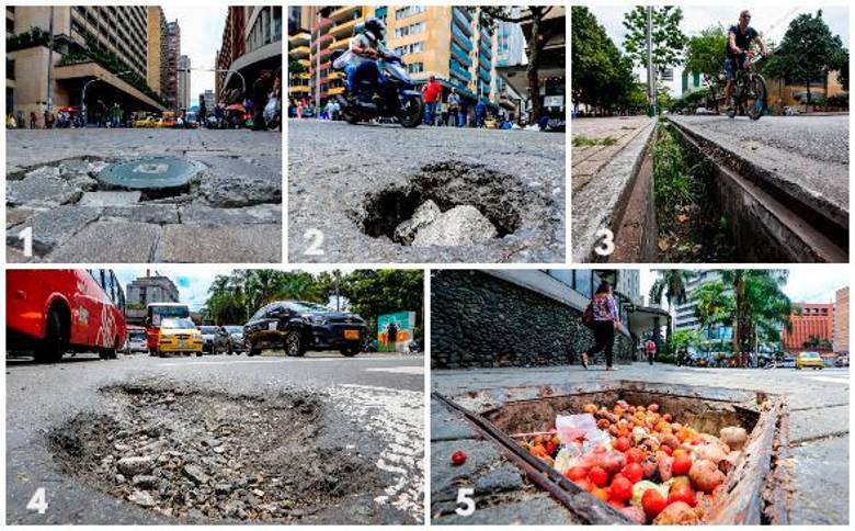 1) Carabobo con Colombia, carrera 52 y calle 50. 2) Avenida La Playa, cerca del Casino Caribe. 3) Avenida Carabobo, a la altura del Parque de los Deseos. 4) Ingreso a Plaza Botero. 5) Avenida de Greiff. FOTOS JAIME PÉREZ - JULIO HERRERA