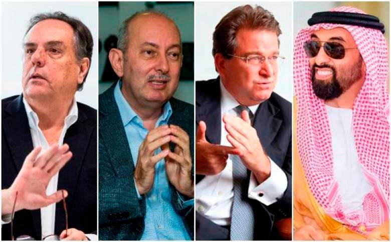 De izq. a der., Jorge Mario Velásquez, presidente de Grupo Argos; Carlos Ignacio Gallego, presidente de Nutresa; el banquero Jaime Gilinski y el jeque Sheikh Tahnoon Bin Zayed Al Nahyan. FOTO EL COLOMBIANO