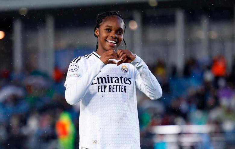 Linda Caicedo celebra su tanto con el Real Madrid por el duelo de ida de los cuartos de final de la Champions League Femenina. FOTO: Tomada de X @realmadridfem