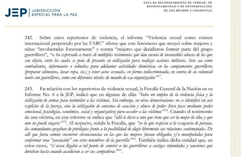 Apartado del auto de apertura en el patrón 2 del subcaso 03, que se refiere a violencia basada en género dentro de las filas de las Farc. 