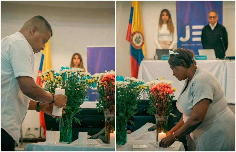 A la izquierda, el compareciente Juvenal Higuita, quien pidió perdón a las víctimas; a la derecha, Berlín Rentería Serna, madre de la víctima Hawin Parra Rentería. FOTOS Cortesía Isabel Valdés, JEP
