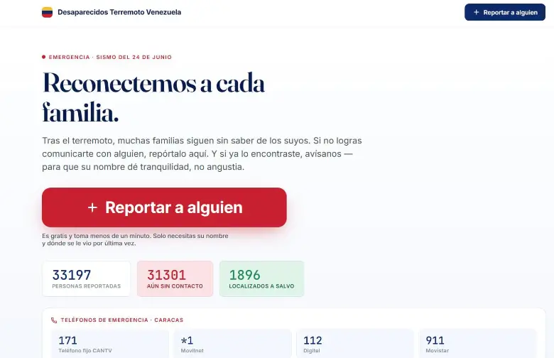 Así se ve el sitio web creado para ayudar a encontrar a las personas desaparecidas tras el terremoto. FOTO: Captura de pantalla.