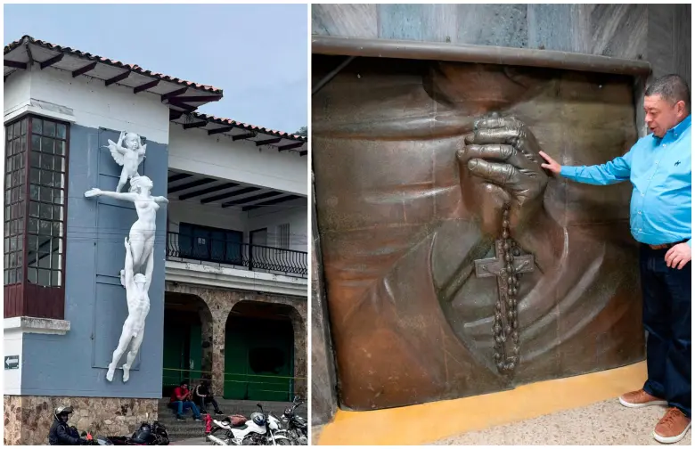 Hace poco instalaron la réplica que un escultor hizo sobre la obra La familia, que está desaparecida. A la derecha se ve otra obra del maestro Arenas, llamada Las manos de mi madre, que está dentro de la iglesia de Fredonia. FOTOS Cortesía y Esneyder Gutiérrez
