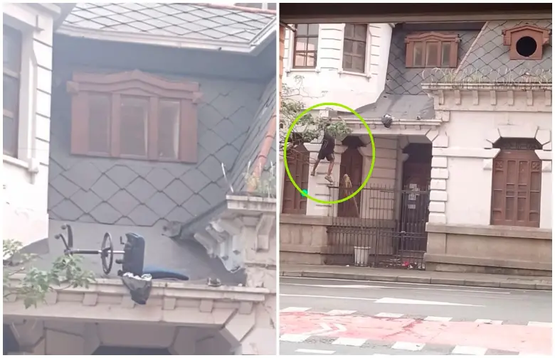 Una silla en el techo y un hombre colgando en la propiedad, lo captaron cuando ya estaba bajando. FOTOS Cortesía