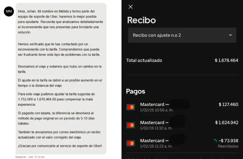 Estas son dos de las evidencias que muestra el afectado sobre el cobro realizado por Uber luego de un viaje desde el aeropuerto José María Córdova hacia Sabaneta. FOTOS: TOMADAS DE TWITTER