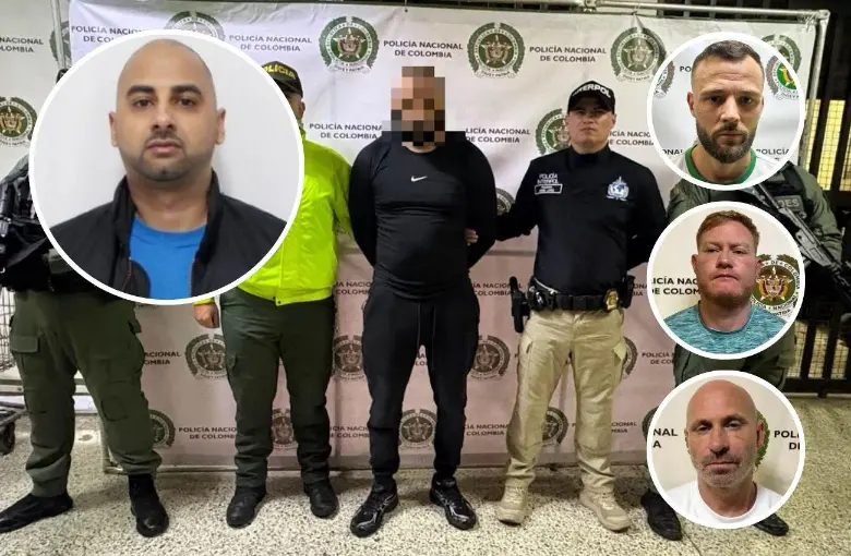 El canadiense Arif Jhuman (principal y detalle, izquierda) tendría vínculos con estructuras criminales del Reino Unido a las que pertenecería (derecha, de arriba a abajo) Christopher Neil Costello, alias Dips; Robert Steven Taylor y Liam George Anton O’Brien. FOTOS: CORTESÍA-POLICÍA NACIONAL